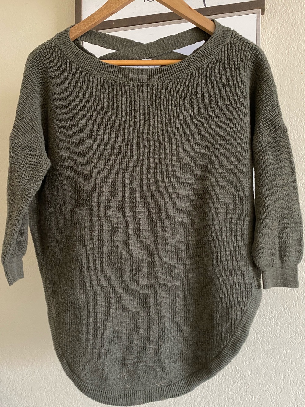 Express Olive Green Crewneck Sweater with Back Strap Detail